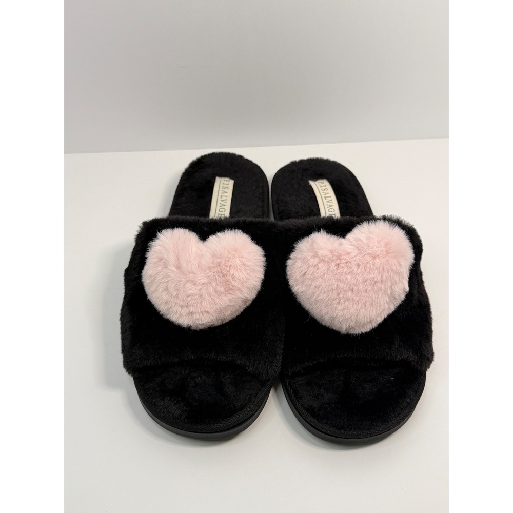 PJ Salvage Womens Black Faux Fur Slippers Pink Heart Slides Size Large L Cozy